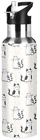 Stainless Steel Water Bottle with Straw, Cartoon Cute Cat Insulated Drink Flask Sports Water Bottle for Kids Adults, Leakproof, 600ml