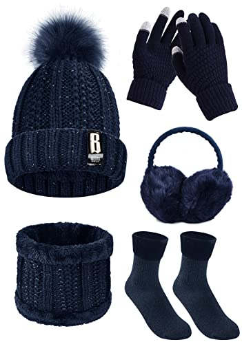 Tuopuda Wintermütze Handschuhe Damen Warme Beanie Winter Mütze Strickmütze Schal Gestrickte Handschuhe Verdickte Socken Plüsch Ohrenschützer Kombi Set Geschenk für Outdoor Sport Wärmen, Blau