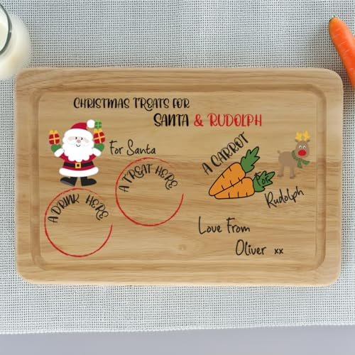 Personalised Christmas Eve Santa And Rudolph Treat Plate Solid Wood Board