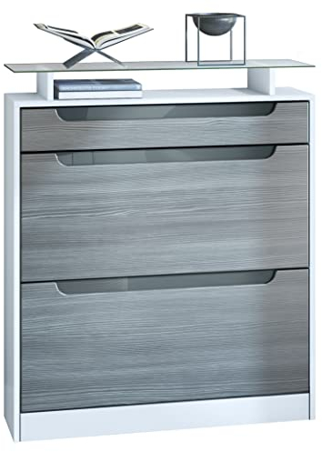 Vladon Schuhschrank Fiesta, Weiß matt/Avola-Anthrazit/Grau Hochglanz Schuhkipper für 16 Paar Schuhe mit 2 Klappen (89 x 104 x 23 cm)