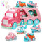 YeoNational&Toys 5 in 1 Pink Carrier Car Toy mit Lichtern und Sounds, reibungsbetriebener Doppelschicht-Transportwagen mit Cartoon-Fahrzeugen, Autospielzeug für Mädchen, Kleinkinder