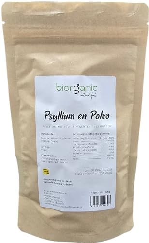 Psyllium en Polvo 200g. Psyllium Indio de 95-99% Pureza, rico en fibra y vegano. Saciante. Mejora el tracto intestinal. Ideal panes y masas sin gluten. Marca española.