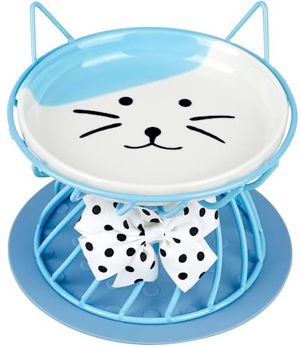 Dorakitten Elevated Cat Ceramic Bowls: Raised Cat Food Bowl, Cute Cat Feeder Bowl Stand, Food & Water Anti Vomiting Shallow Ceramic Cat Dish, with Non-Slip Mat Pet Bowl for All Cat (Bule)