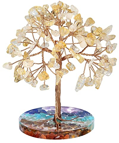 Nupuyai Kristall Edelstein Baum mit 7 Chakra Steine Harzbasis, Kupferdraht Geldbaum Feng Shui Bonsai Baum des Lebens Deko für Zuhause, Büro und Glück (Citrin)