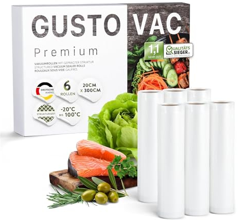 GustoVac Premium Vakuumrollen, 6 Rollen 20x300cm Profi- Folienrollen, Vakuumierfolie, Profi- Vakuumierbeutel für Vakuumierer, Kochfest & Sous Vide Gefrierbeutel, Lebensmittel Vakuumiergerät, BPA-frei