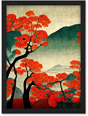 Doppelganger33 LTD Modern Japanese Red Maple Trees On Hillside Artwork Framed Wall Art Print A4