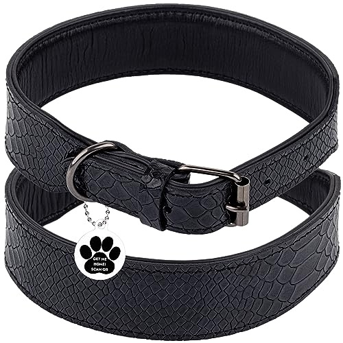 FAVPET Luxus Echtleder Halsband Hund Breit mit QR Code Anhänger, Gepolstertes Hundehalsband Leder Breit, Breites Lederhalsband Hund, Breite Hunde Halsbänder, Welpenhalsbänder Leder (Schwarz, XL)