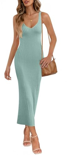 MEROKEETY Womens 2025 Summer V Neck Knit Midi Dress Bodycon Casual Sleeveless Ribbed Party Sweater Dresses,Sage,L