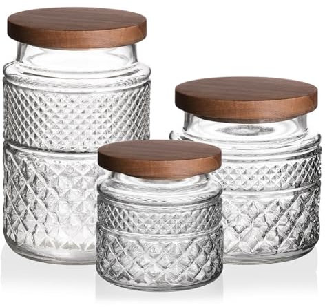 Sweejar Home Glass Jar with Wooden Lid, Set of 3 Vintage Embossed Airtight Food Storage Container, Sealed Canister Set for Coffee Beans, Cereal, Flour, Spices and More