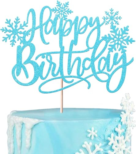 1 Stück Schneeflocken Happy Birthday Tortendeko Winter Wonderland Kuchen Deko Winter Gefrorenes Thema Cake Topper für Eingefroren Thema Geburtstag Party Weihnachten Baby Dusche Kuchen Dekoration Blau