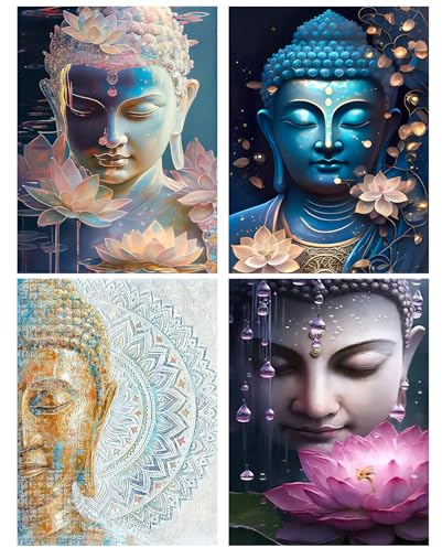 RICUVED 4 Stück Buddha Diamond Painting Bilder, 5D Lotosblume Diamant Painting Bilder Erwachsene Diamant Malerei Bilder Set Full Drill Buddha Diamond Painting Cross Stickerei Malerei Set 30x40cm