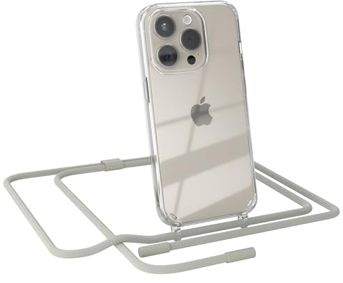 EAZY CASE - Handykette kompatibel mit iPhone 15 Pro - dünne Handyhülle für iPhone 15 Pro Hülle mit Band als Fallschutz Kette zum Umhängen transparente Hülle Silikon in Taupe