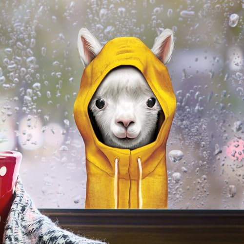 Fensterbild Tiere im Regenmantel mit Kapuze Herbst herbstlicher Fensteraufkleber Fensterdeko Regen, ca. A4 Format, Lama