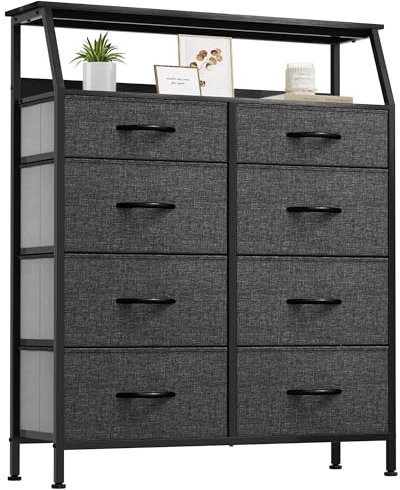 YITAHOME Kommode, Schrank, Aufbewahrungsschrank, 8 Schubladen aus Stoff mit Griffen, Aufbewahrungskommode, Schwarz Grau