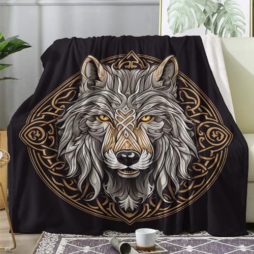 Kuscheldecke Flauschig Wikinger, Decke Wolldecke 150x200 Wolf, Flanell Sofadecke Blanket XL, Fleecedecke Wohndecke Schlafdecke Winter Warm Weich, Deko Decken für Couch Bed