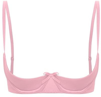 FEESHOW Women Sexy 1/4 Cup Bra Push Up Bralette Underwire Satin Bra Open Breast Brassiere Underwear Pink L