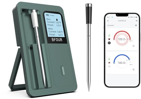 BFOUR Fleischthermometer Kabellos mit 2 Sonde (Upgraded), Bluetooth Grillthermometer mit großem LCD-Display, App-Steuerung,Intelligent Bratenthermometer für Grill,Backofen und Grill