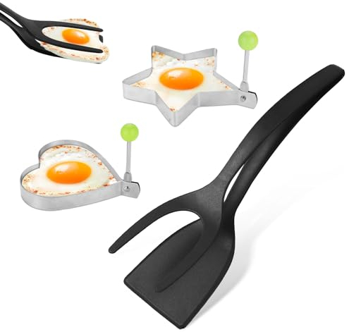 Espátula para Huevos 2 en 1, Antiadherente Nailon Pinzas para Espátula Giratoria con 2 Tipos Modelo para Huevos Espátula con Agarre y Giro Espátula para Huevos Fritos para el Hogar (Negro)