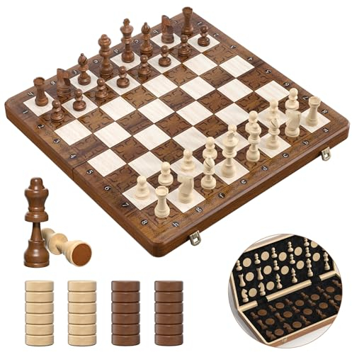 2 IN 1 Schachspiel Magnetisch - 38x38cm Klappbares Schachbrett Holz Hochwertig mit 32 Schachfiguren & 2 Zusätzliche Damen, Schach für Erwachsene und Kinder, Paom