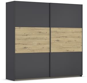 Rauch Möbel Neo, Schwebetürenschrank, Kleiderschrank, Kleiderschränke, Garderobe, Schrank mit Stauraum, 2-türig, Farbe Grau metallic-Eiche Artisan, Schwarz, Holz, 218x210x59cm