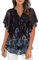 Vafoly Camicia da donna, elegante, a maniche corte, estiva, con scollo a V, in rete, con fiori, a doppio strato, nero/blu, XXL