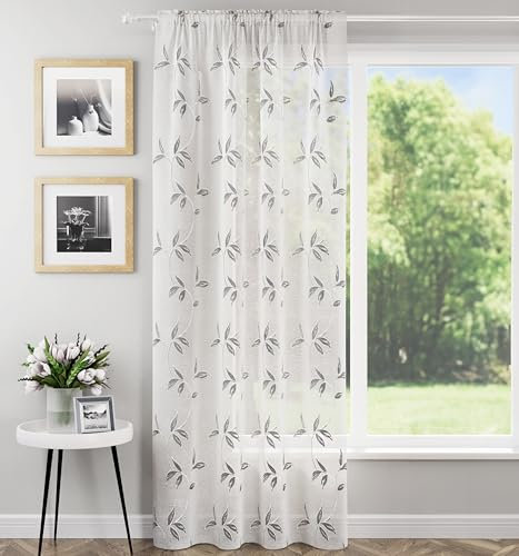Tyrone Textiles Oasis Grey Voile Curtain 55 x 72 Inch (140 x 183cm) Rod Pocket Embroidered Leaf Design Single Voile Panel Sheer Curtains for Living Room, Bedroom & Patio Door