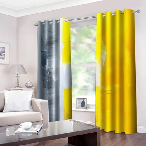 XCQHZYQ Lot De 2 Rideau Occultant Peinture Abstraite Gris Jaune, Rideaux Opaques Isolants Thermiques À Oeillets, Draperies Intérieurs Salon pour Chambre Enfant, L140 x H175 cm