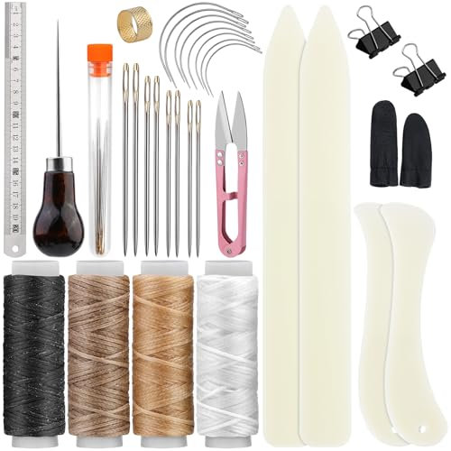 Axmru 33 Pcs Book Binding Kits, 4 Pcs Bone Folder Tools, Bookbinding Supplies with Waxed Threads Book Binding Awl, Bookbinding Tools Books Binding Kit for Beginners