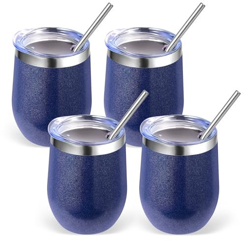 Volhoply 12oz Stainless Steel Wine Tumbler with Lid Bulk 4 Pack,350ml Double Wall Vacuum Stemless Wine Glasses,Metal Travel Coffee Mug with Straw,Insulated Cup Gifts for Women,Christmas(Navy,4 Set)