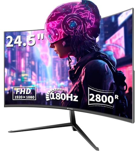 CRUA 24.5 Zoll Curved Gaming Monitor,180Hz Gaming Bildschirm,1080P Computer Monitor,1ms,FreeSync,Rahmenlos,VESA,DisplayPort,HDMI, Augenpflege,PC-Display zum Spielen, Arbeiten, Zeichnen, Bearbeiten