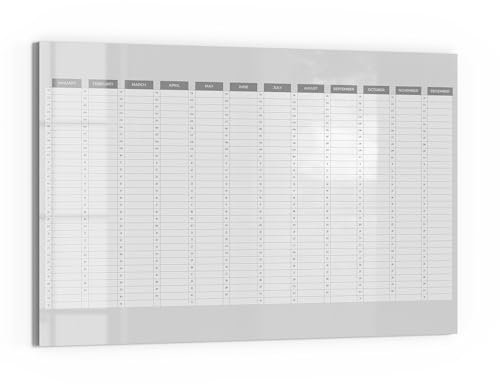DEQORI Glas-Magnettafel | 60x40 cm cm groß | Motiv Jahresplaner Grau (EN) | Memo-Board aus Glas | Magnetboard inkl. Magnete, Stift & Tuch für Küche & Büro | Tafel magnetisch & beschreibbar