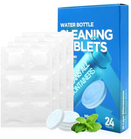 24PCS Bottle Cleaning Tablets, Water Bottle Clean Sterilising Tablets for Stainless Steel, Plastics, Ceramic & Glass Drinking Containers, Coffee Machine Cleaner Steriliser Tablet, Mint Flavor