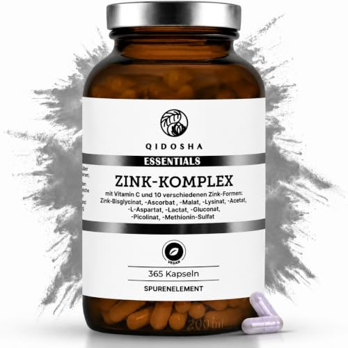 QIDOSHA® Zink Komplex, 365 Kapseln, 25 mg Zink aus 10 verschiedenen Zn-Formen plus Vitamin C, vegan, deutsche Fertigung, jede Charge laborgeprueft