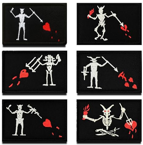 6 Stück Blackbeard Pirat Rotes Herz Fun Bestickte Stickerei Applikation Piratenflagge Emblem Patch zum Verschlossen für Kleidung Jacken Jeans Hut Weste Hundegeschirr Rucksack Sammlung