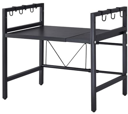 Homullel Expandable Microwave Oven Shelf Unit, Kitchen Countertop Microwave Stand with Shelves, Adjustable Kitchen Counter Rack Small Storage Shelving Unit, Desktop Printer Stand (Black, 1-Tier)