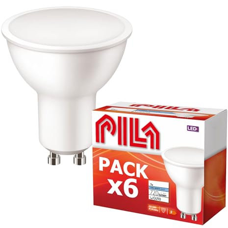 PILA Pack de 6 Focos LED de alto flujo, 7W (= halógena 80W), 720 Lúmenes, Ángulo de Luz de 120º, No regulable, Sin transformador (Casquillo GU10), CRI80, Luz Blanca Neutra (4000K), 15.000 h Vida Útil