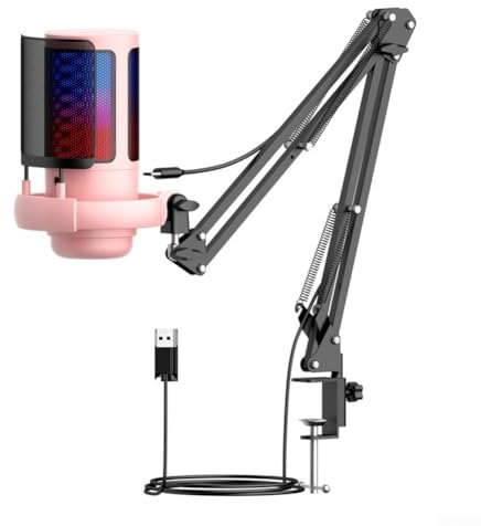 Microfono USB, utilizzato per video e giochi podcast, con muto/riduzione del rumore/eco/guadagno e riproduzione per la registrazione di giochi vocali ASMRYouTbeTwitch (rosa)