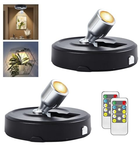 RAHAN Battery Powered Picture Lights, 2Pack LED Spotlight, Uplighting Indoor Puck Lights with Remote, Stick Spotlights for Wall Display Picture Painting Artwork Accent Dartboard