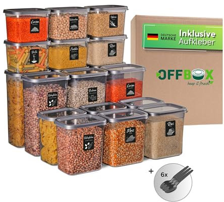 OFFBOX Vorratsdose mit Deckel luftdicht | 18er Rechteckiges Vorratsdosen Set BPA-frei | Küchen Organizer & Aufbewahrungsbox für Mehl, Müsli & Zucker | Stapelbar & platzsparend (18er Mix Set)