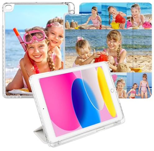 Custom Photo Personalized Case for iPad 5th Generation 9.7 inch 2017 (Model: A1822 A1823) Clear Back Leather Folio Cover Built in Pencil Holder Trifold Stand Auto Wake/Sleep（8 Photo）
