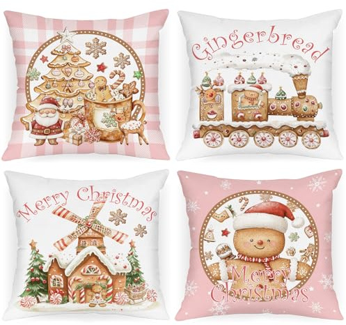 Lanpn Lebkuchenmann Weihnachten Kissenbezug 4 stück, Plüsch Weihnachtskissenbezug 40x40cm, Lebkuchen Kissenbezüge dekorative Kissenbezüge für Wohnzimmer Sofa Couch Weihnachten Heimdekoration (Rosa)