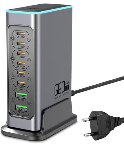 660W USB C Ladegerät Mehrfach,PD 100W Schnellladegerät 8 Ports Ladestation GaN-III Charger with 6 USB-C + 2 USB-A Ports for MacBook iPad Pro/Air, iPhone 16 15 Pro Max,Samsung,Xiaomi,iPads