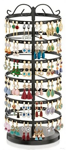 6 Tier Rotating Earring Holder Organizer, 264 Holes Adjustable Metal Rotating Earring Holder Stand with Tray Display Storage for Hoop Dangle (Black)