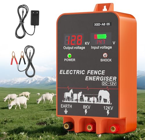 Yapasopu Weidezaungerät 12 V 2 J, Reichweite 10 km, IP44 Weidezaunpfähle, Isolatoren für Weidezaunprüfer, für Pferde, Rinder, Schweine, Ziegen, 3 Stromversorgungsmöglichkeiten