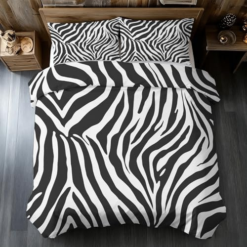 Generisch Schwarz Weiß Zebra Bettwäsche 135x200 cm, Zebrahaut Zebramuster Bettwäsche-Sets 2 Teilig, Bettbezug + 1 Kissenbezüge 80x80cm Weich Mikrofaser mit Reißverschluss M&-97