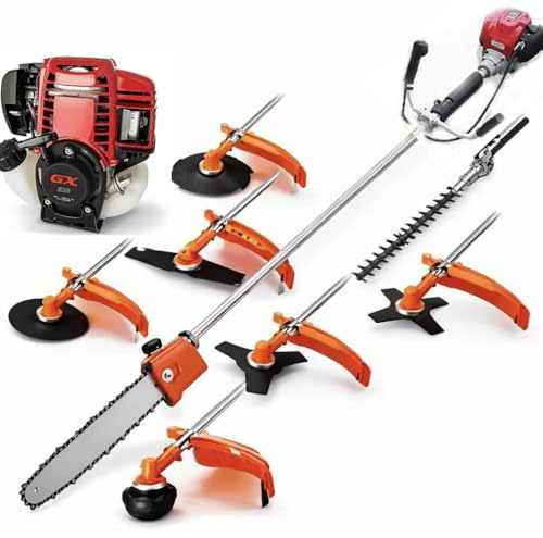 GX35 8 in 1 Garden Multi Tool, 4-Stroke Garden Strimmer, Petrol Hedge Trimmer Long Reach Chainsaw, Gas Brush Cutter String Trimmer Outdoor Lawn Yard