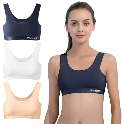 INNERSY Mädchen BHS Baumwolle Bustier ohne Bügel, XL, Weiß/Beige/Dunkelblau