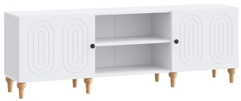 Mhdvray Mueble bajo para TV, color blanco, 150 x 31 x 50 cm, moderno mueble para TV de madera con puertas giratorias de 90° y estantes – Elegante mesa de televisión para el salón