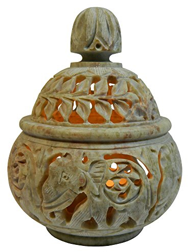 Bougeoir pour bougies chauffe-plat Lumignon en Stéatite pierre à savon Motif Éléphants Artisanat indien