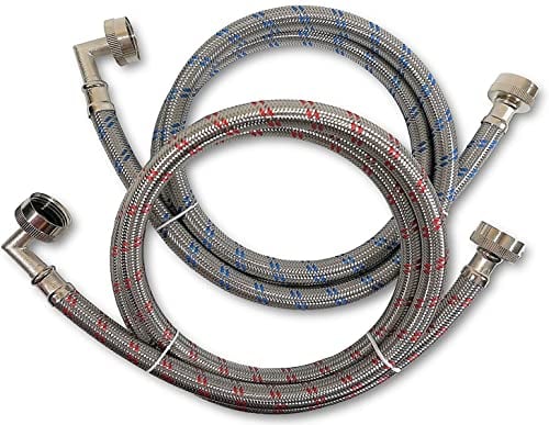 Premium Stainless Steel Washing Machine Hoses with 90 Degree Elbow, 4 Ft Burst Proof (2 Pack) Red and Blue Striped Water Connection Inlet Supply Lines - Lead Free